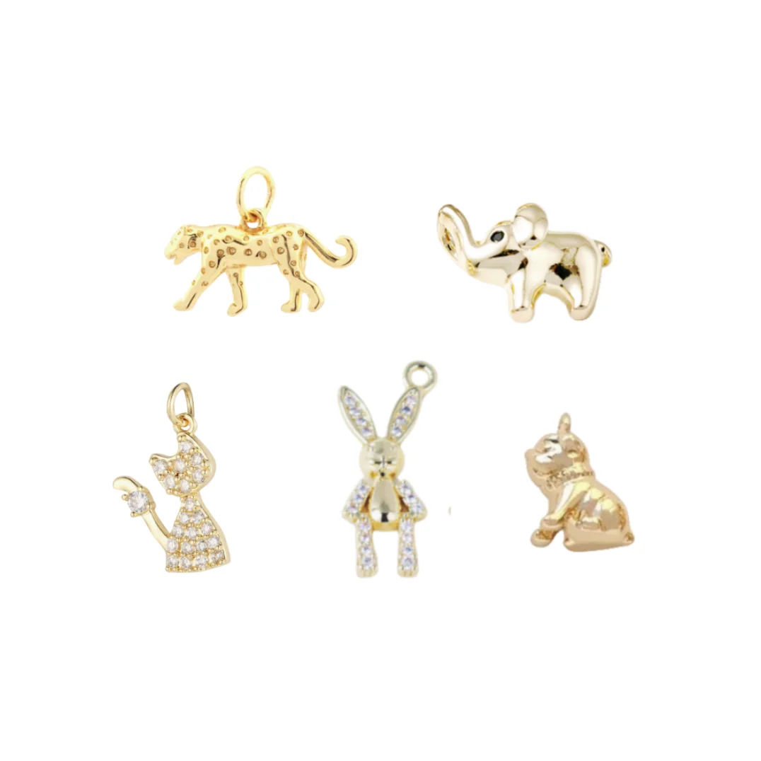 Leopard Elephant Bulldog Rabbit Cat Charms Brass Material with 14K Gold Filled DIY Pendants  Animals Jewelry Making
