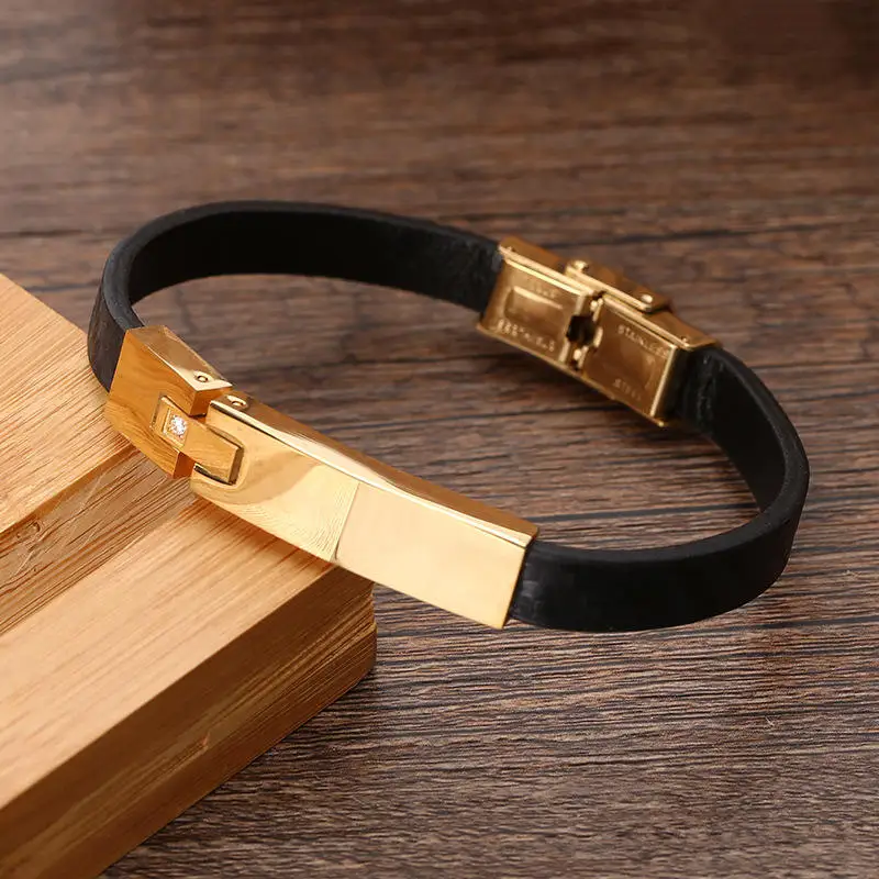 Stainless Steel Engraved Bar Bracelet Name Bar Genuine Leather Bracelet