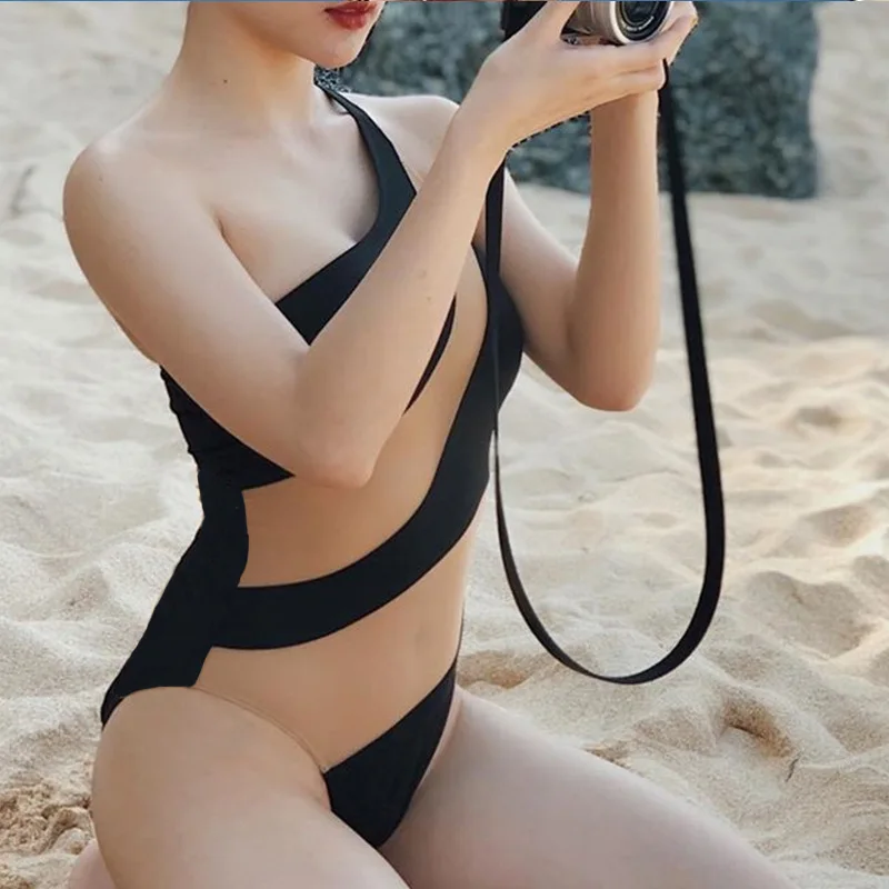 2022 Hot Sell One-shoulder Mesh Jumpsuit Stripes Swimwear