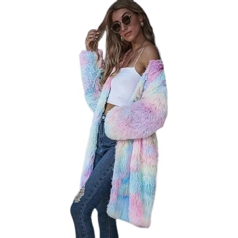 Autumn and Winter Fashion Loosen Oversize Plush Coat Rainbow Colorful Ferry  Long Sleeves Cardigan Casual Coat Customized