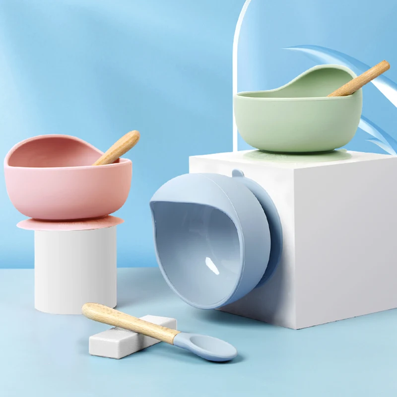 Baby plates silicone with spoon and fork BPA FREE wooden spoon food grade silicone non-slip bowl silicone suction plate with lid