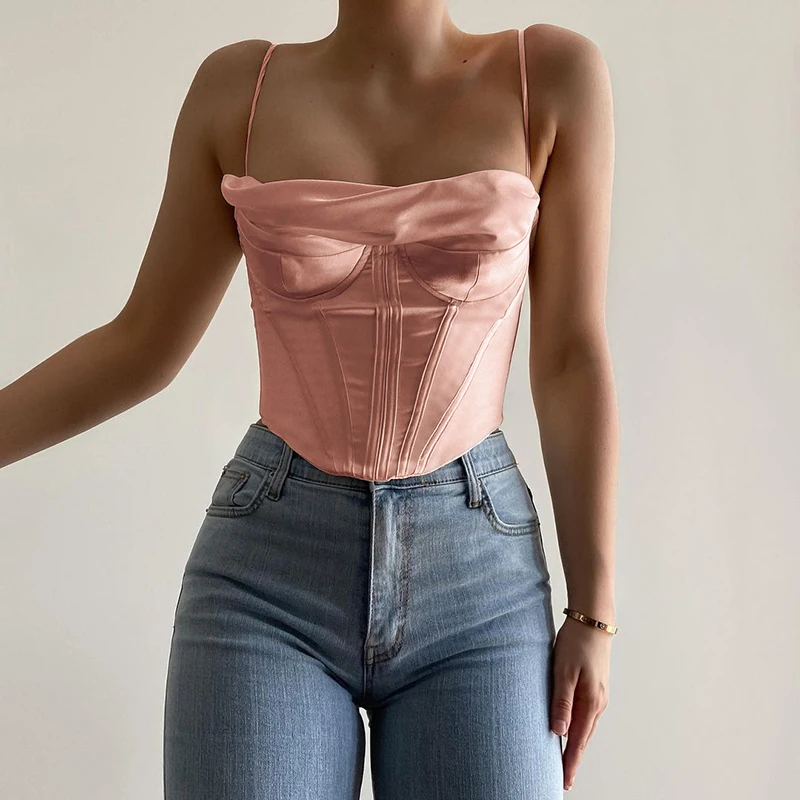 sexy solid color boning strap zipper back padded bralette cami cowl neck crop top corset pink satin top for women