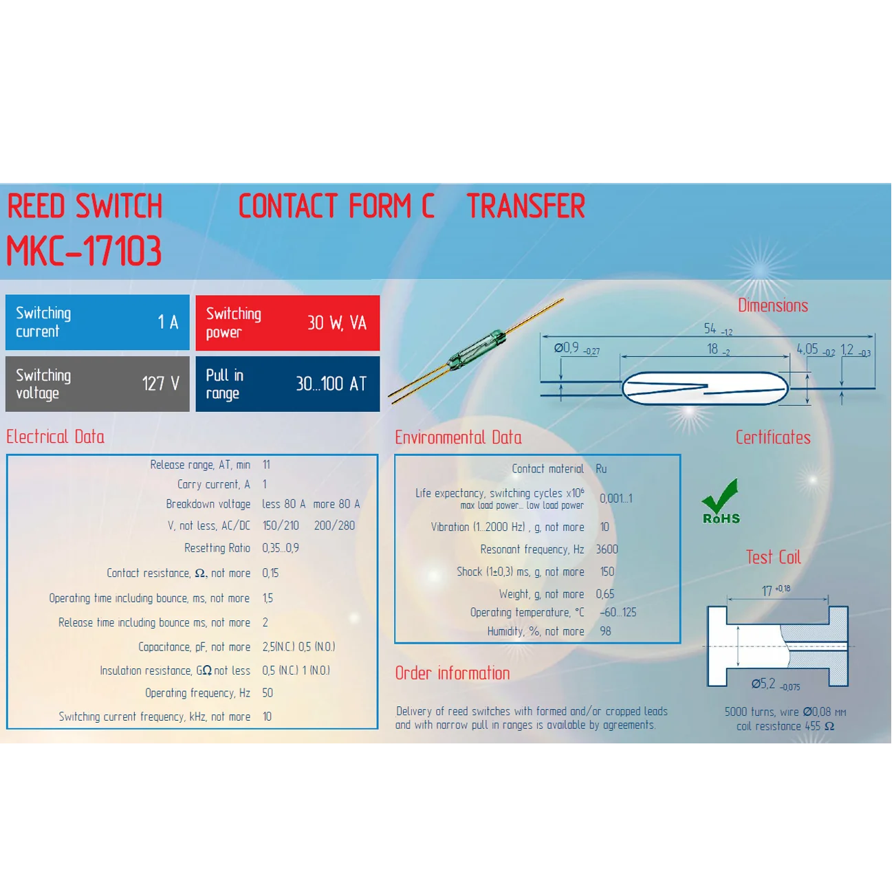 18mm RMCIP MKC17103 AT35-50 changeover reed switches Sensor With Glass Envelope