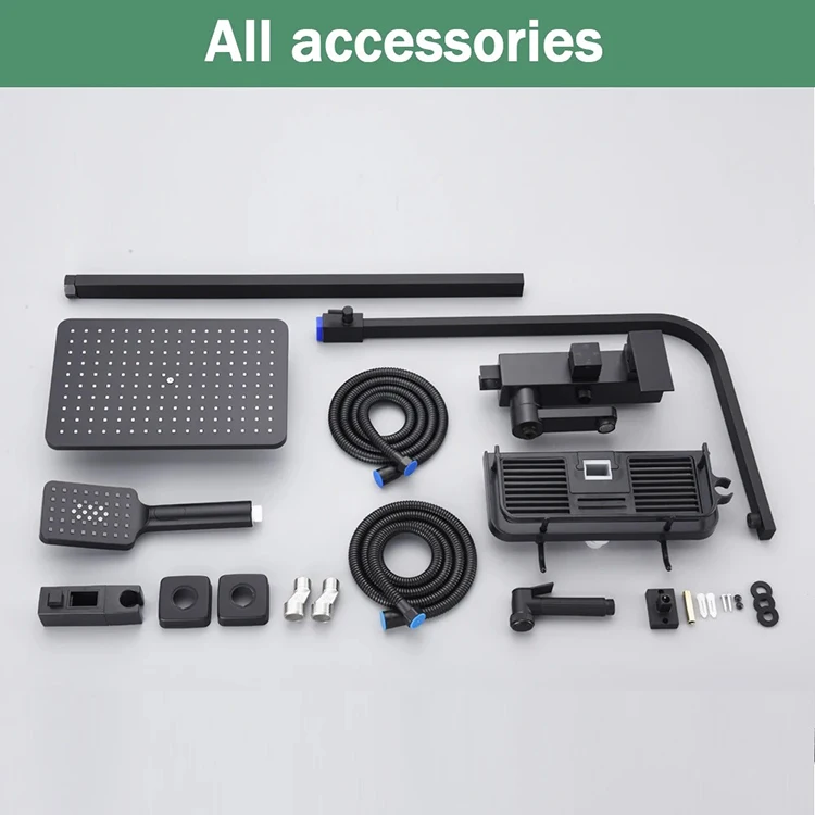 Luxury Square Bathroom Shower Faucet 4 Way Rainfall Shower System Stainless Steel 304 Black Shower Set