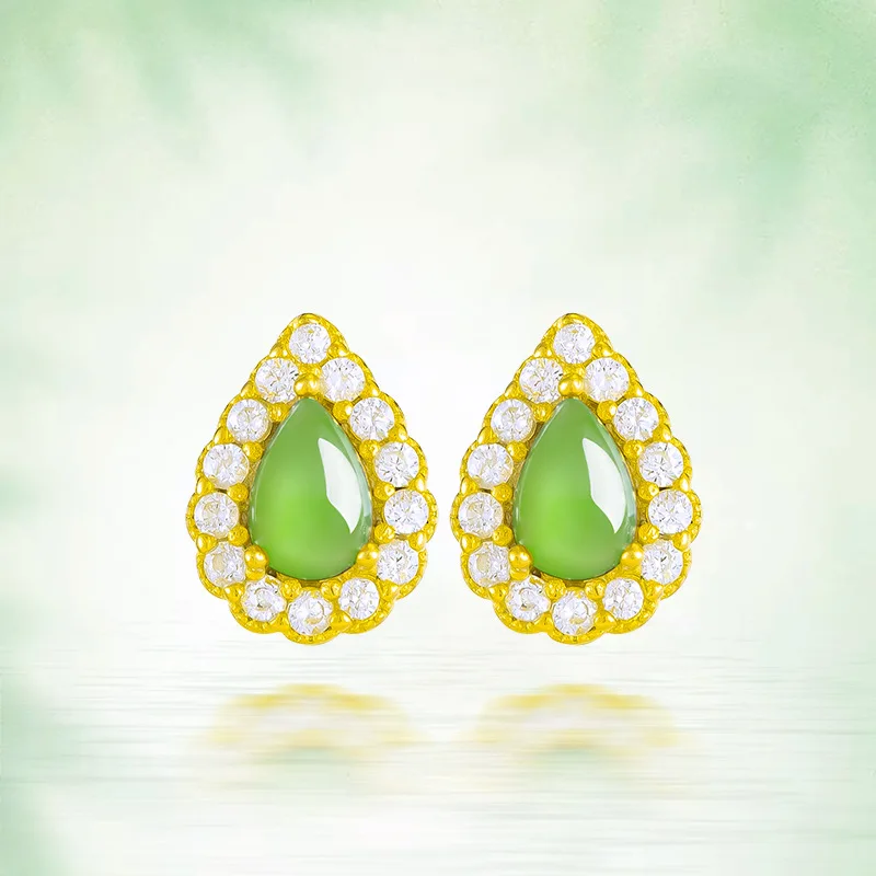 Spinach green natural old material Hetian jade jasper water drop earrings female S925 silverFashion Simplicity  D422