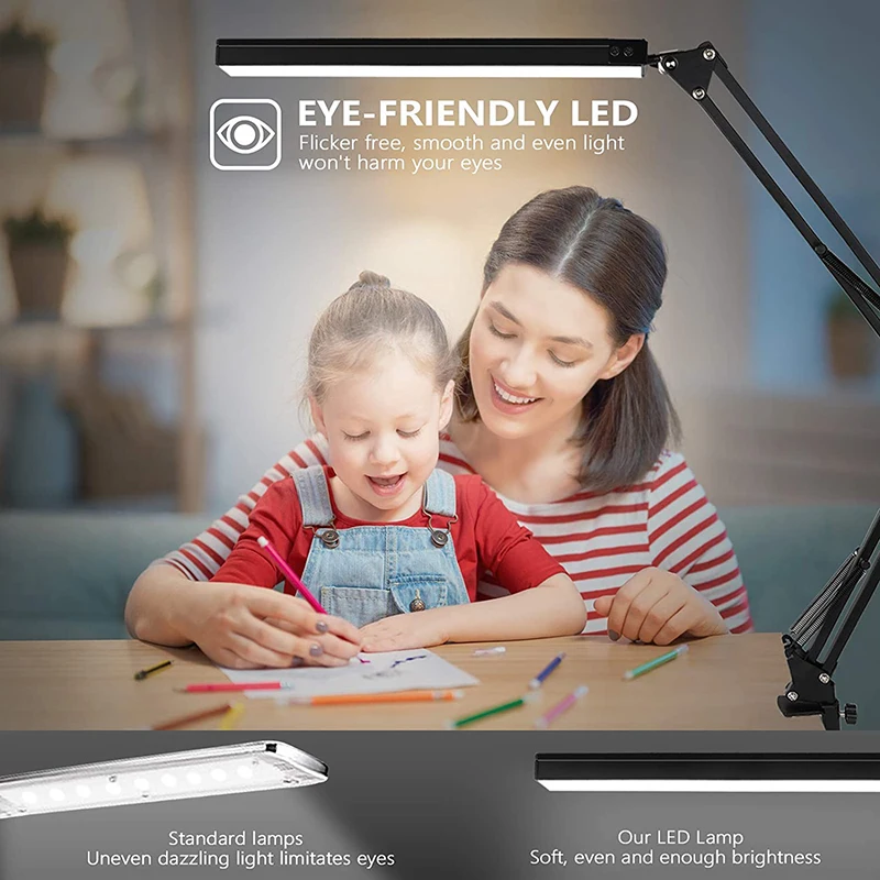 LED Desk Lamp with Clamp USB Clip-on Table Lamp Eye-Care Dimmable Reading Light Swing Arm Lamp Daylight Lamp