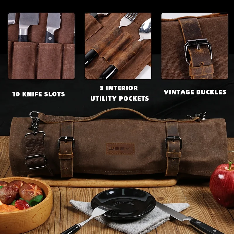 CHANGRONG Custom Heavy Duty Brown Waxed Canvas Leather Chef Knife Roll Up Bag