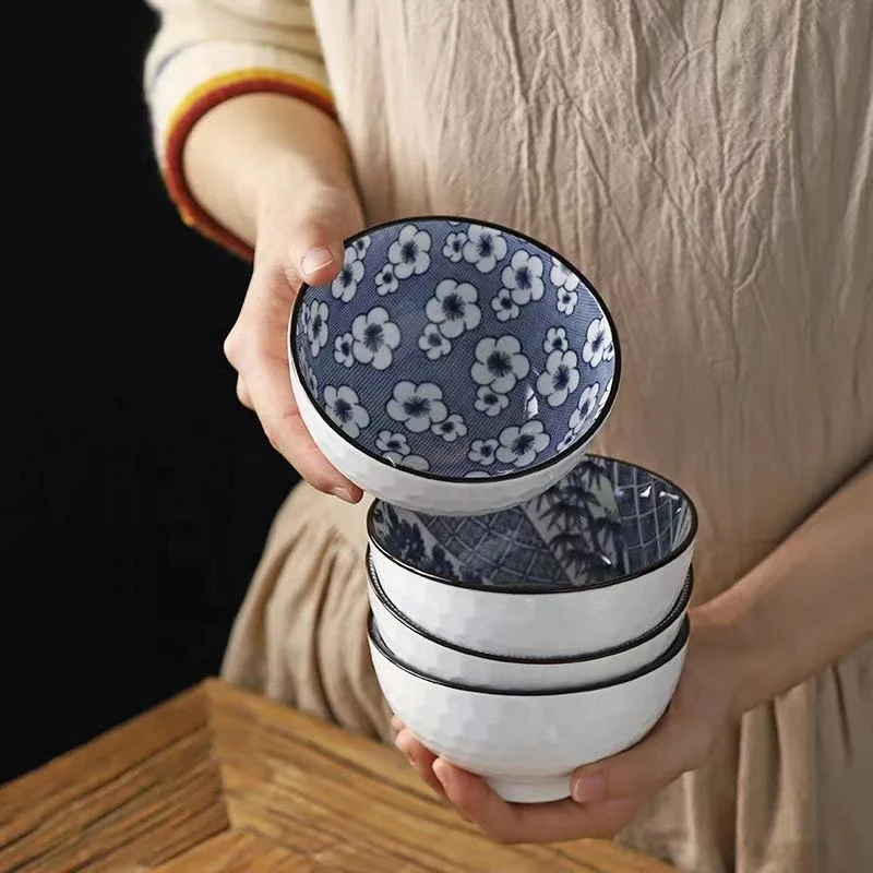 4.5inch Natural Healty Japanese Ceramic Bowl Gift Set Blue and White Porcelain Bowl
