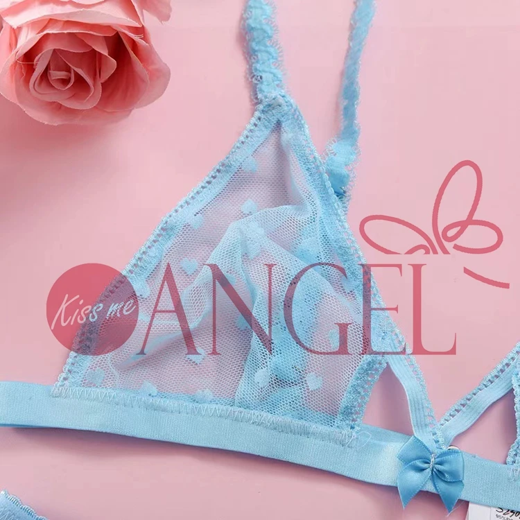 new arrival sexy bra panty set KISS ME ANGEL OEM light blue lace see through heart love pattern sexy underwear women