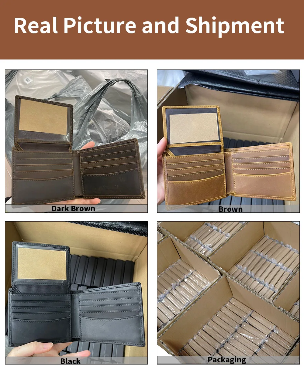 Hot Selling Engrave Custom Logo Black RFID Blocking With 2 ID Window In Stock Wallet for Men Crazy Horse Leather Bifold Wallet