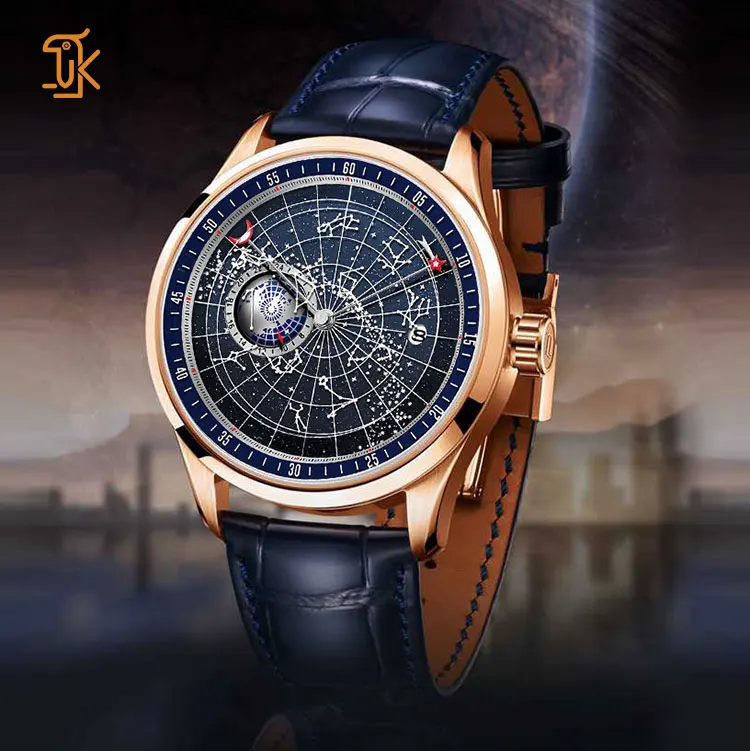 SANYIN OEM Steel Mechanical Starry Sky Moon Earth Watches For Men Astronomia Rose Gold Leather Strap Automatic Mechanical Watch