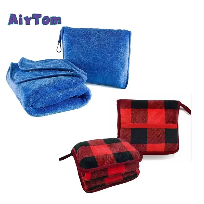 Wholesale coral fleece plaid and solid color 2 in 1 portable blanket and pillow travel throw blanket set for trip