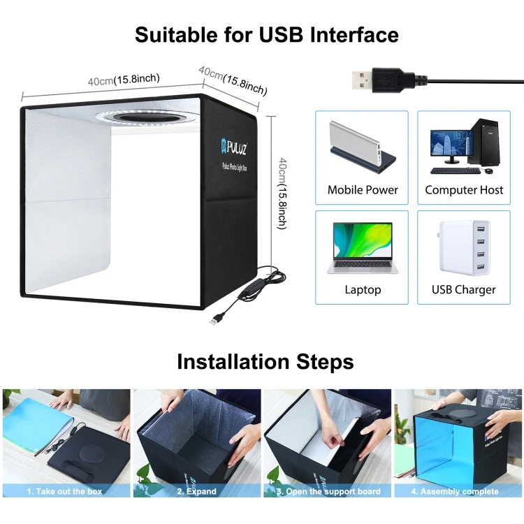 New Arrivals Photo Box PULUZ 40cm USB Portable Photo Studio Light Box Photography with 12 Colors Backdrops Accessories