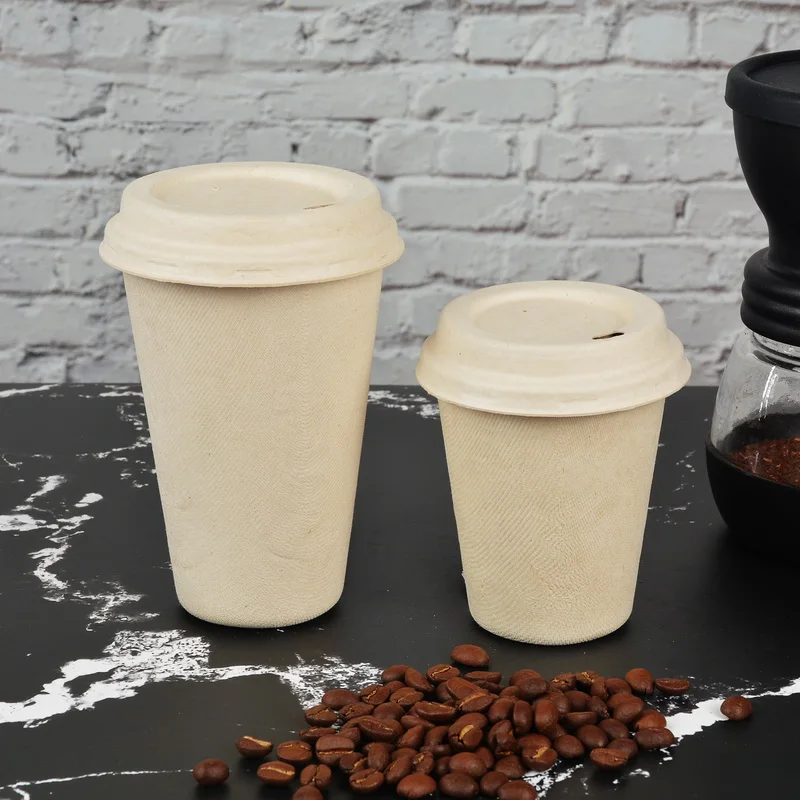 Eco friendly disposable  biodegradable compostable bagasse sugarcane pulp paper takeaway coffee or water drinking cup with lid