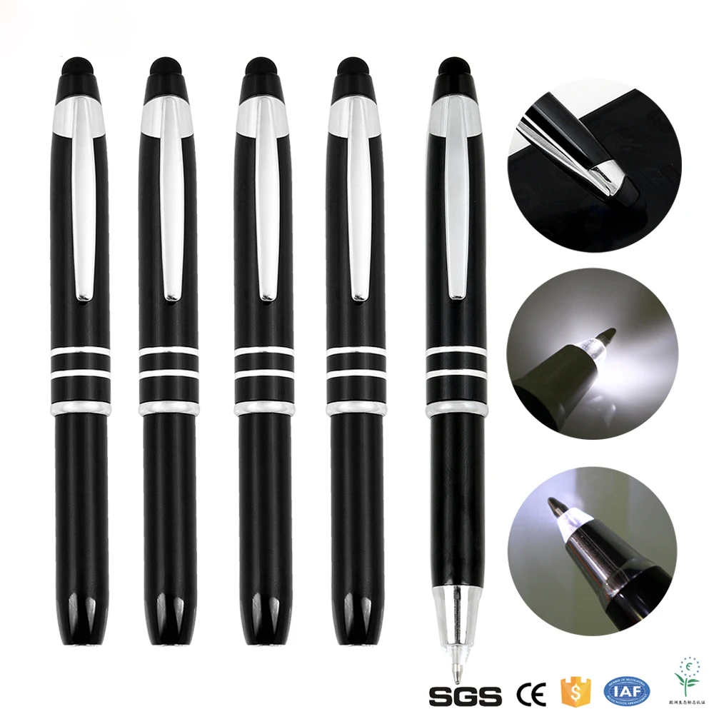 Brand New Signature Cap Type Ink Flashlight Pen With Stylus Custom Logo Metal Black Body And Light Bulb Ball Ballpoint Ballpen