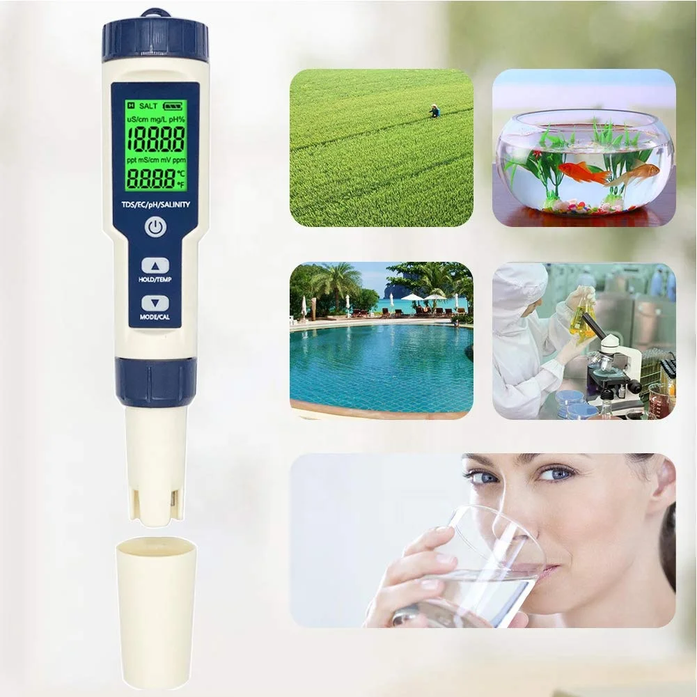 
High Quality 5 in 1 TDS/EC/PH/Salinity/Temperature Meter Digital Water Quality Monitor Tester 