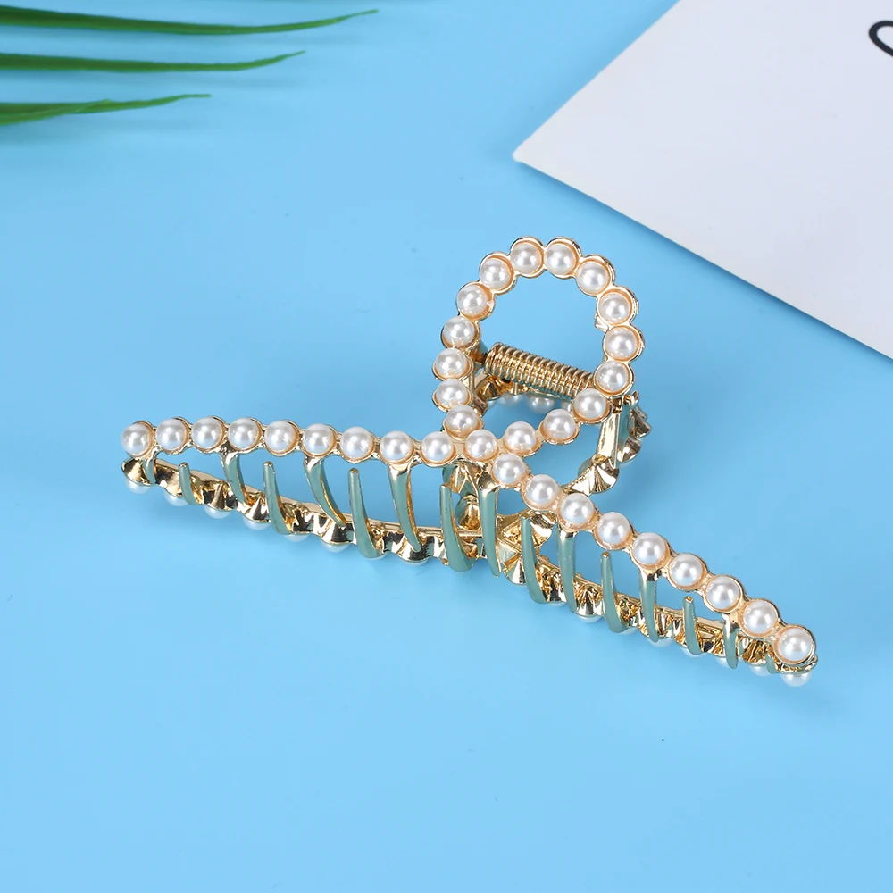 wholesale metal large hairpin hair claws clips feather rhinestone pearl claw hair clips for thick hair women