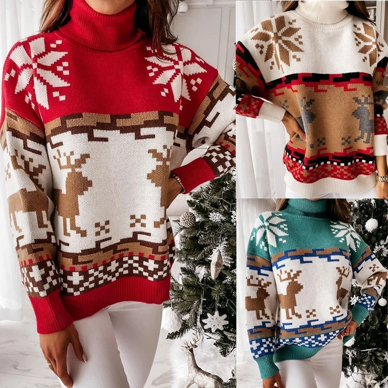 Оптовая продажа, Рождественский зимний свитер в европейском и американском стиле, Новый рождественский жаккардовый вязаный женский свитер с высоким воротником и оленем
