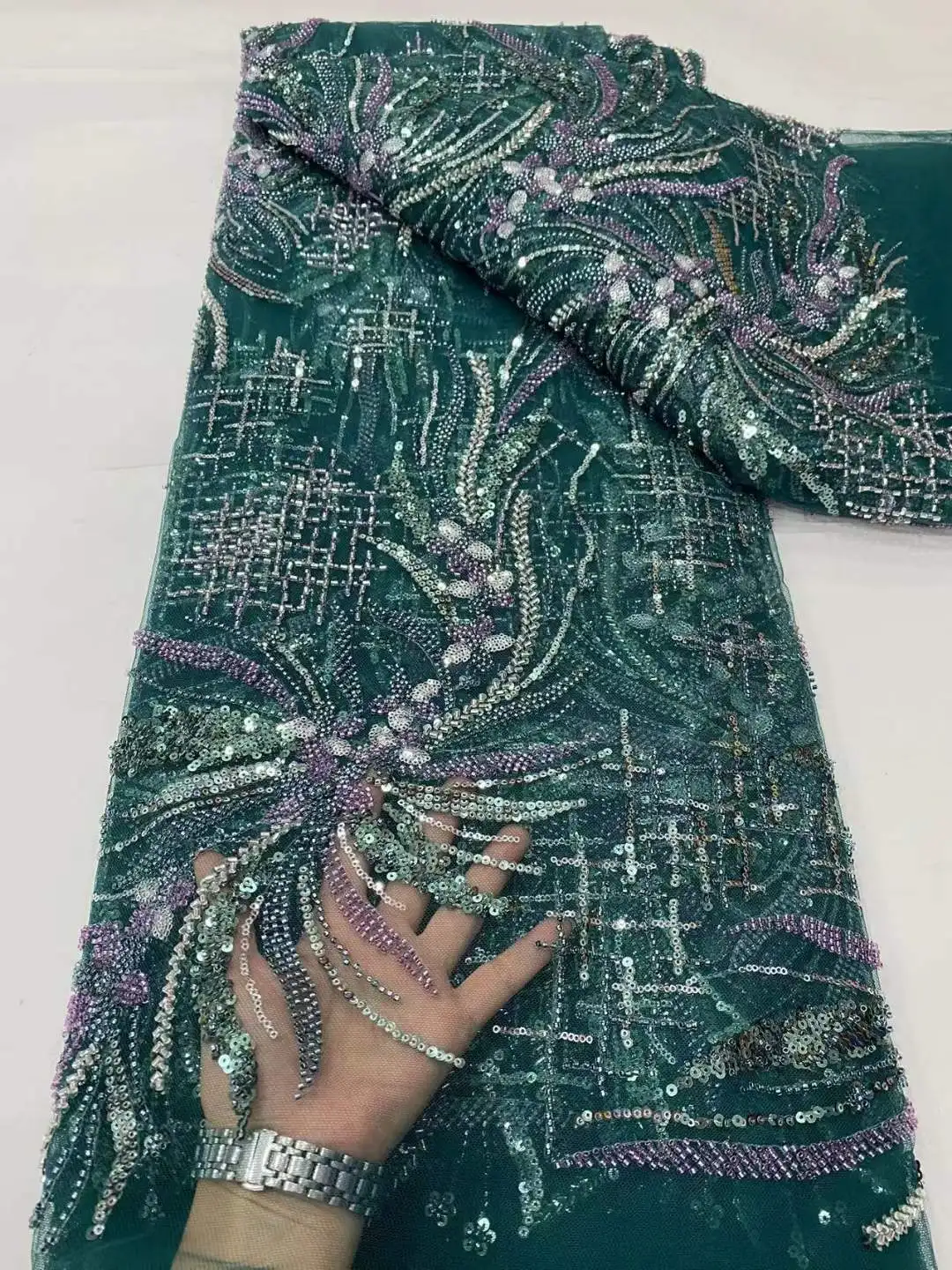Two-color heavy industry sequin bead embroidery fabric European and American wedding dress  fashion embroidery fabric