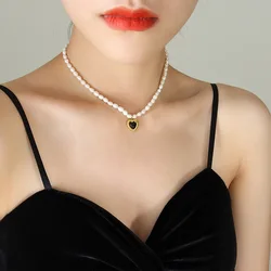 Dr. Jewelry 2022 New Classic 18K Gold Titanium Steel Freshwater Pearl Black Heart Opal Necklace for Women Party Fashion Jewelry