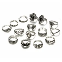 New Style Bohemian retro geometric lotus sunflower combination ring 15-piece set