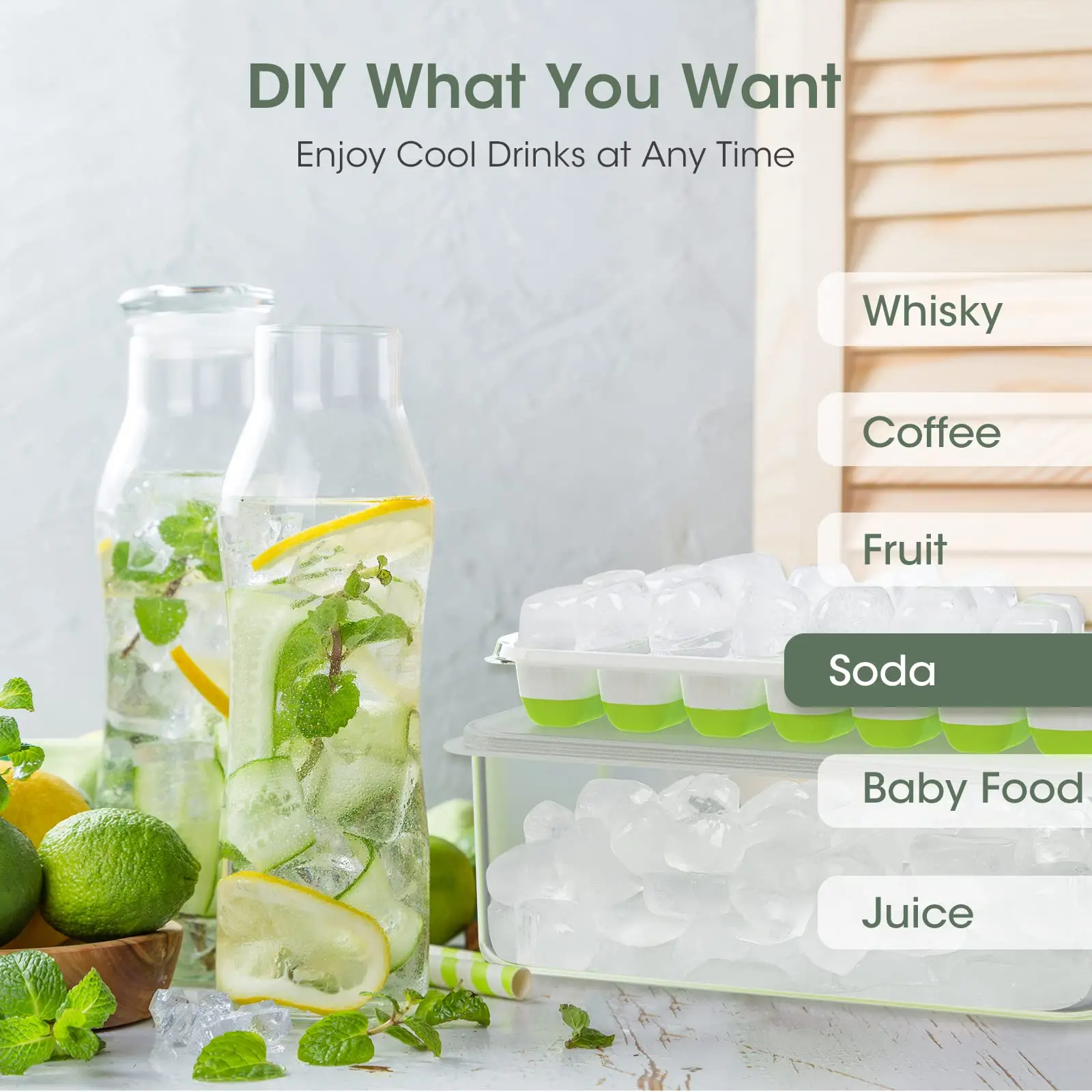 Stackable Ice Cube Tray with Lid Bucket Bin Ice Molds Silicone & Plastic Container for Freezer with Ice Box