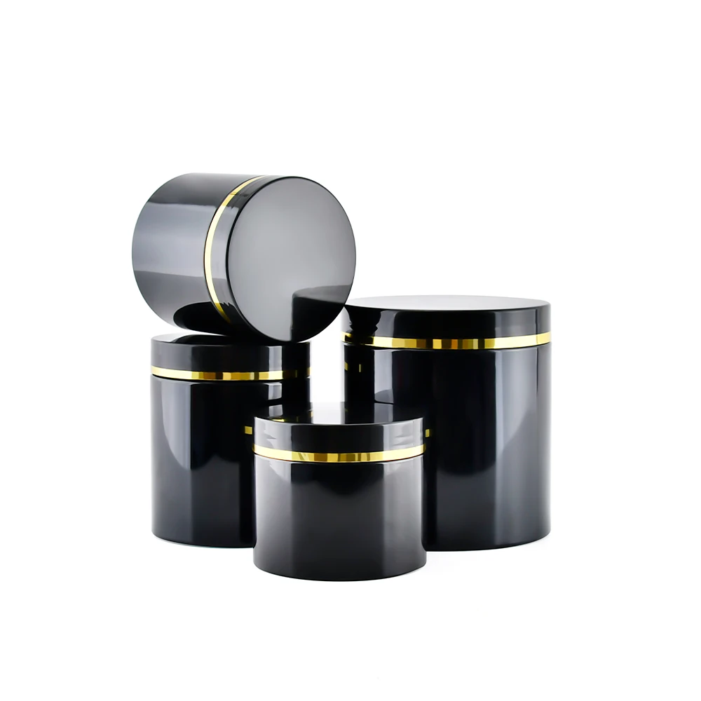 Cosmetic Packaging 100ml 150ml 200ml 250ml 300ml 500ml Black Pet Plastic Cosmetic Cream Jar with Black Lid Gold Edge