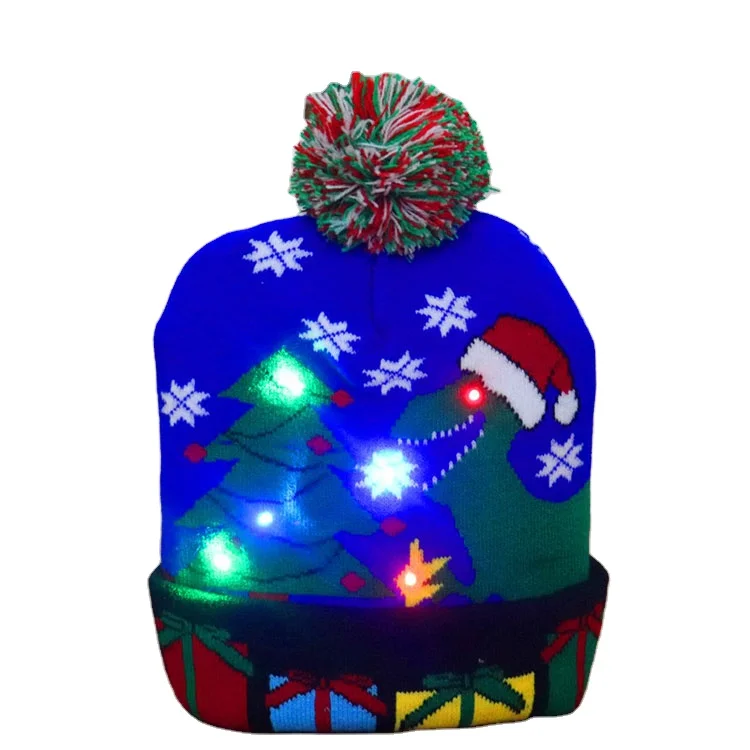 Winter Festival Xmas Party Pompom Kids Led Light up Cap Women Christmas Knitted Beanies Hat
