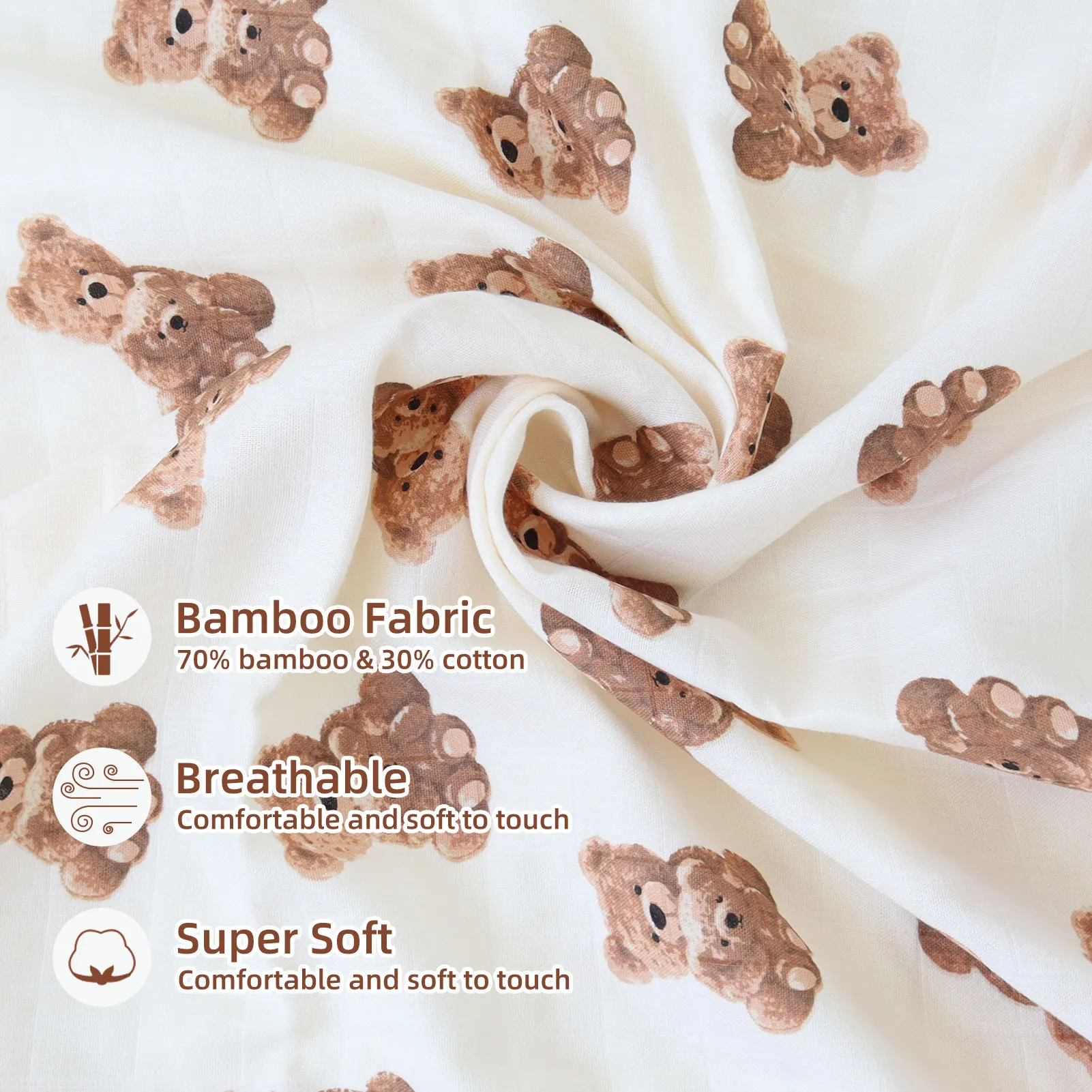 2022 Custom  Teddy Bear with Mom Printed Super Soft Organic Cotton Bamboo Newborn Baby Muslin  Swaddle Blanket Wrap Set