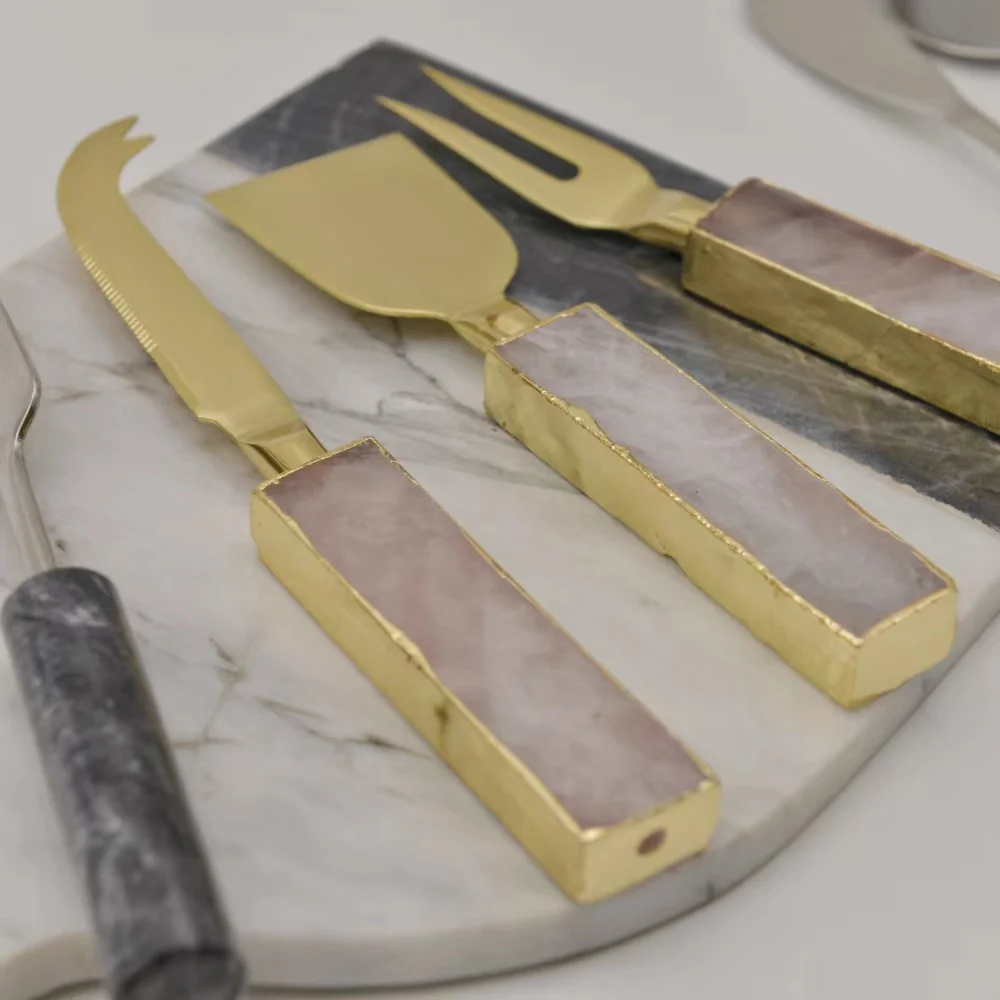 AGATE STONE COASTER Cheese Knife Spreader Set Butter Knife Slicer SPOwith Marble Handle Spredering Fruit Fork