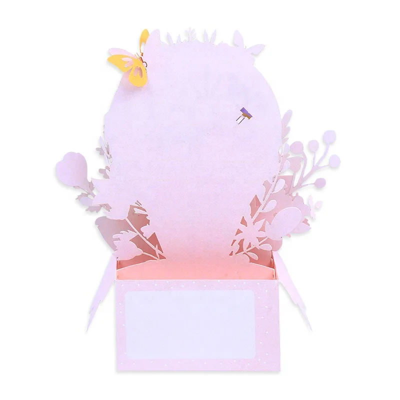 Customized High Quality Pink 3D Pop Up Paper Flower Basket Bouquet Birthday Anniversary Lovers Day Valentines Day Greeting Card