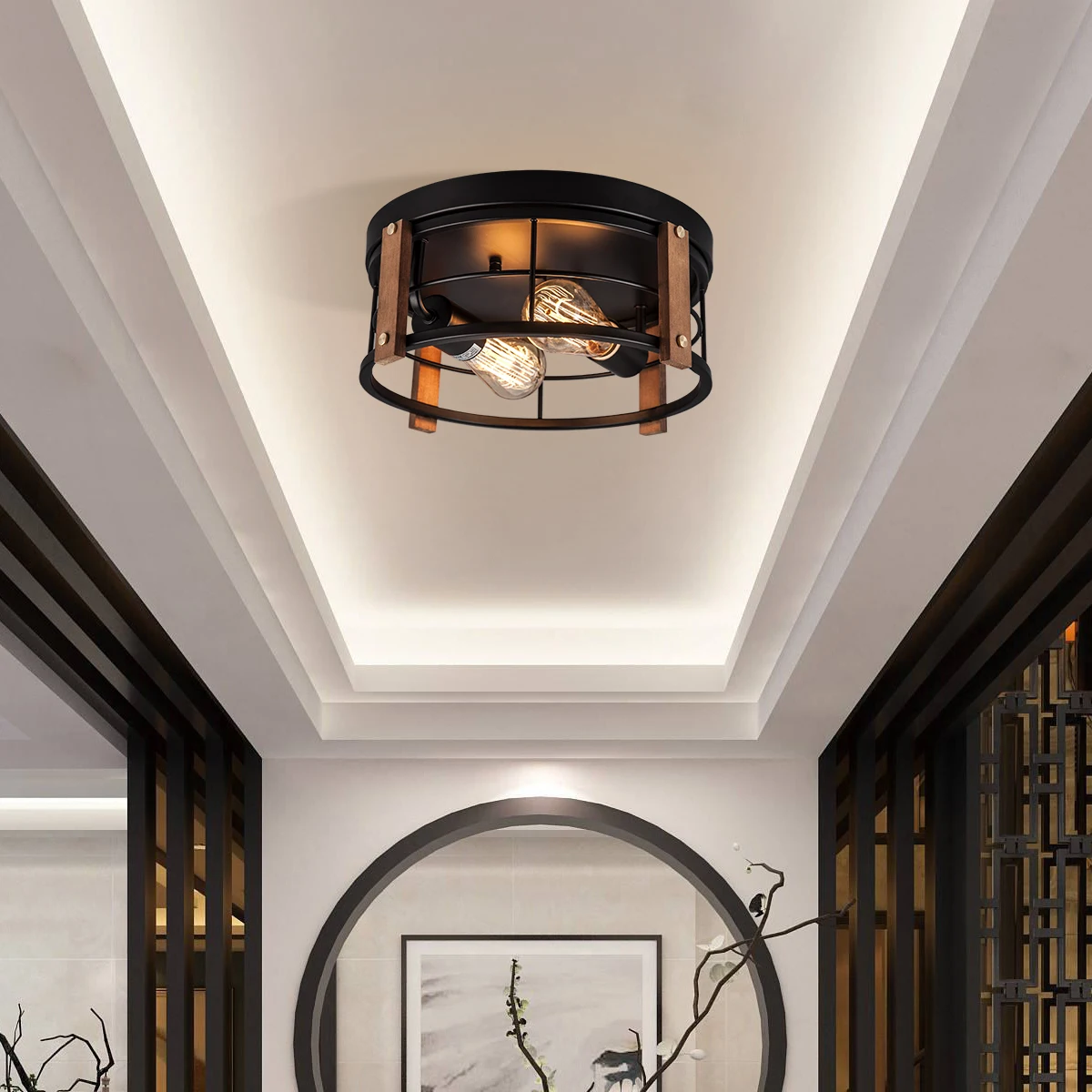 Indoor Surface Mounted Round Wood Ceiling Lights, Nordic Ceiling Lighting Chandelier For Decoration Home&Living Room