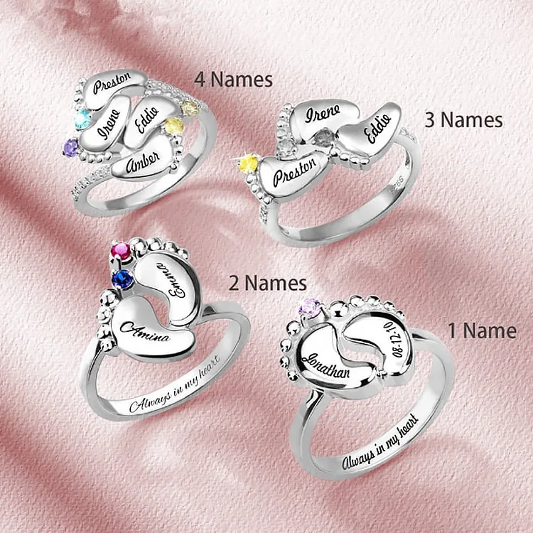 Customized Birthday Gift Personalized Engraved Any Name Baby Feet Birthstones Ring Jewelry