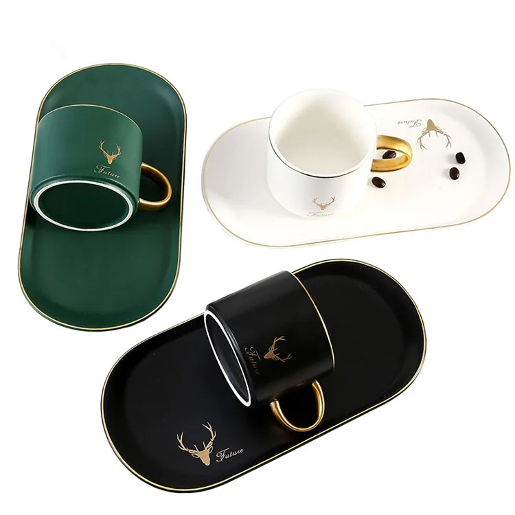
European Simple Style Tea Cup Sets Ceramic with Plate Spoon Dinnerware Set Golden Outline Luxury Coffee Cups Set 
