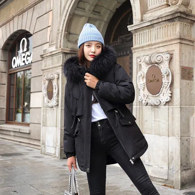 Parker Women Medium Long Hooded Parka Coat 2021 New Parka Fashion Adjustable Waist Fur Collar Winter Cotton Outerwear Knitted