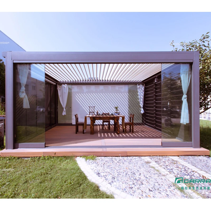 Customized UV Block Electric Gazebo Pavilion with Remote Control System Waterproof Aluminium Canopy Pergola with LED Blinds