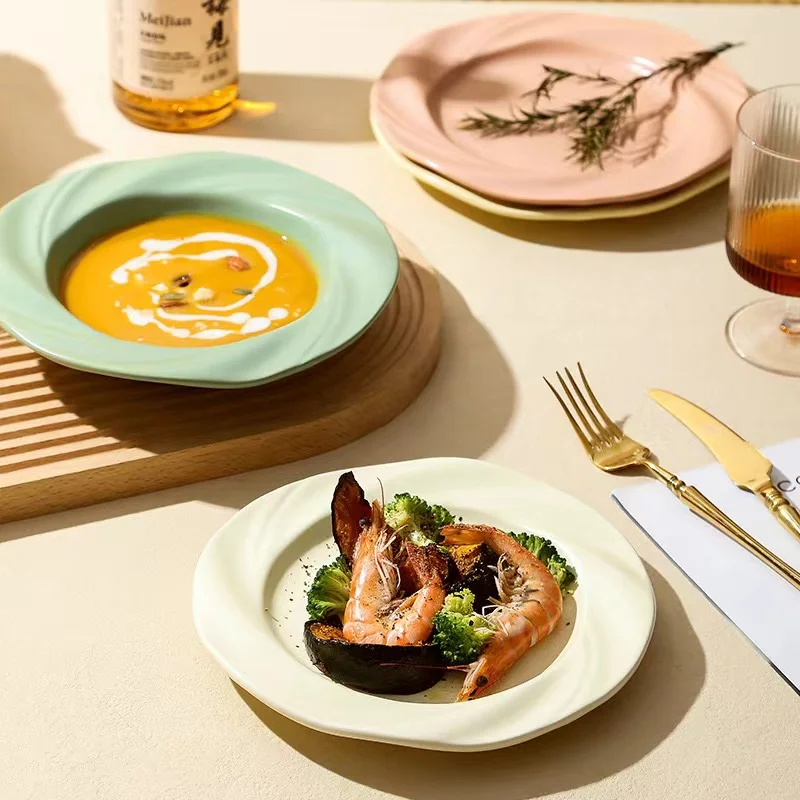 Ins cream  ceramic plate creative breakfast pasta cake plate Dessert Salad  Puree Soup Serving Tray Hotel Restaurant Dinnerware