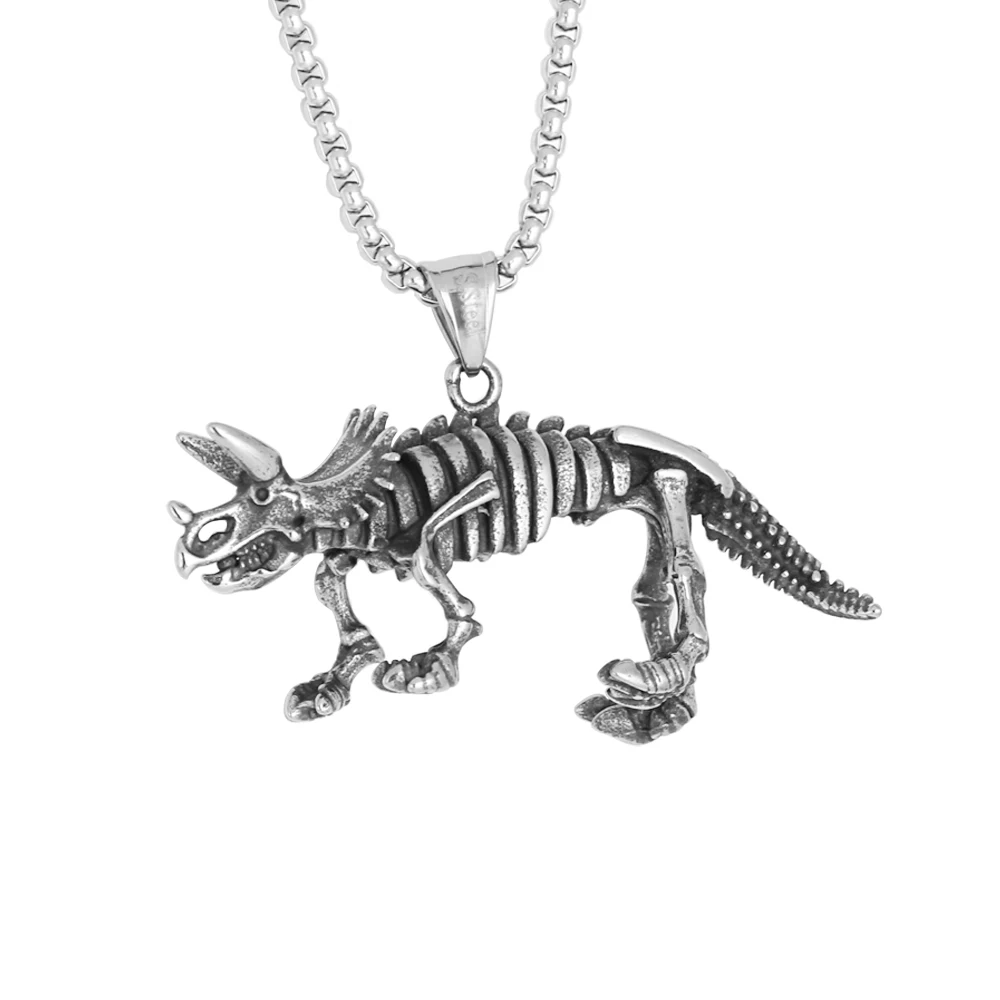 New Design Stainless Steel Dinosaur Triceratops Skeleton Pendant Necklace with 3D Effect