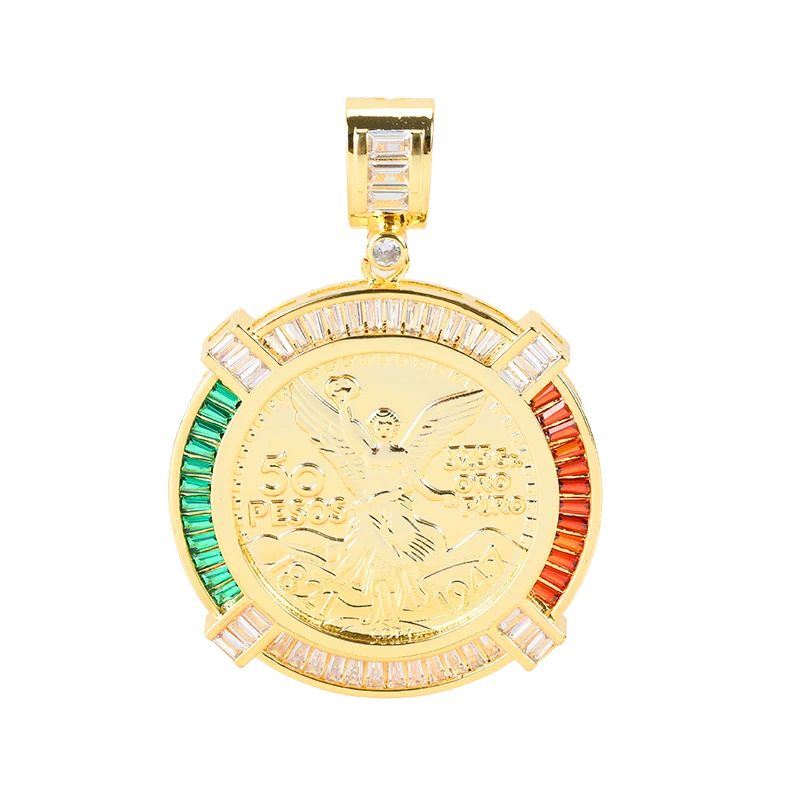
Tricolor Religion copper alloy 24k gold plated Gold Mexican 50 Pesos Centenarios Pendant for men 