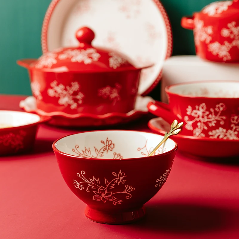 
Jade-cer ceramic dinner set China Red pot plates soup bowls for Christmas tableware 