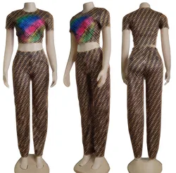 2022 fashion casual designer brand printing short sleeve crop top + trousers two piece pants set