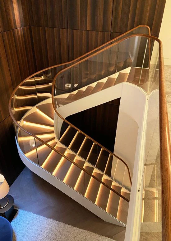 Open Wood Curved Staircase Design Glass Handrail Stainless Steel Railing Metal Contemporary Indoor Stairs
