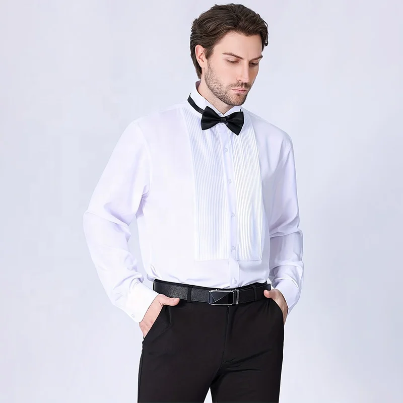 Mens Ruffled Tuxedo Shirts Stretch French Bow Tie Pleated Tops Mandarin Collar Blouse Slim Fit Wedding Outfits Formal Shirt