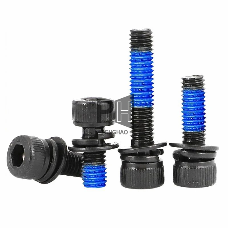 12.9 Grade Steel M3-M5 Black Three-Combination Adhesive Anti-Loose Hex Socket Cup Head Screws Washer Nylock Screw Bolts