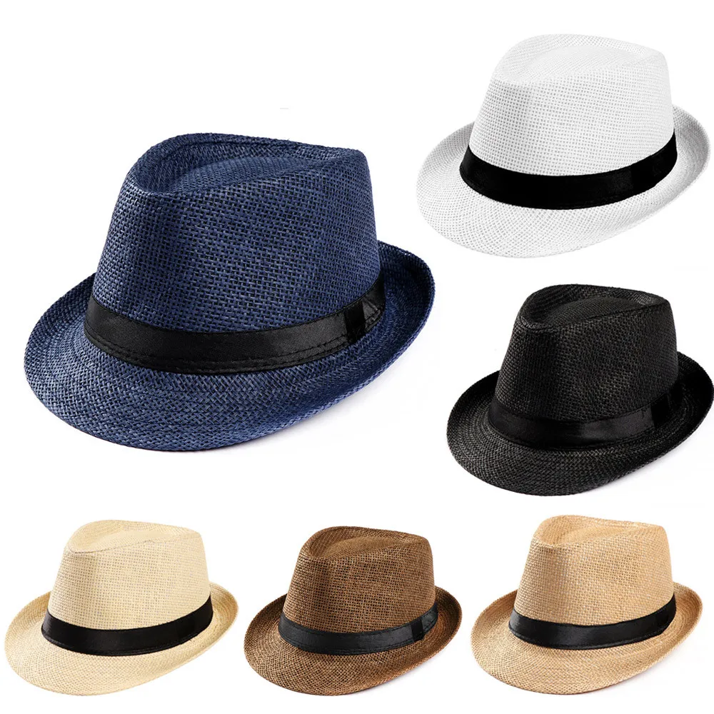 Hot Unisex Women Men Fashion Summer Casual Trendy Beach Sun Straw Jazz Hat Slightly Rolled Fedora Gangster Cap