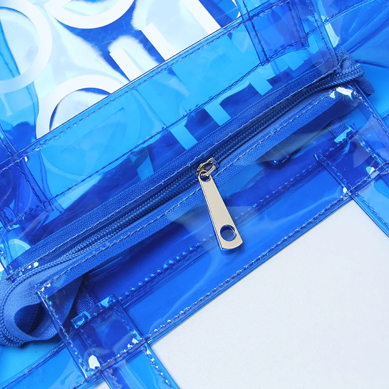 Large Capacity Laser Logo PVC Travel Shopping Work Women Purses Zippered Handbag Makeup Cosmetic Beach Stadium Clear Tote Bag