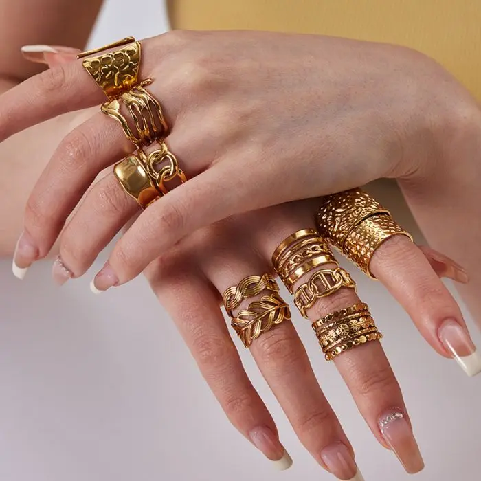 New stainless steel 18k Gold Plated open adjustable leaf heart chain Ring for Women jewelry