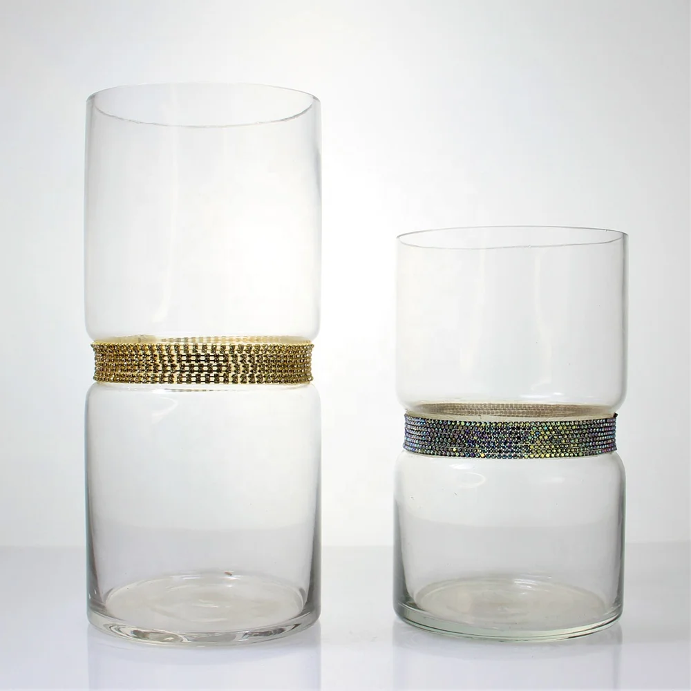 Wholesale transparent tall cylinder flower glass crystal vase with gold or silver diamond belt in the middle