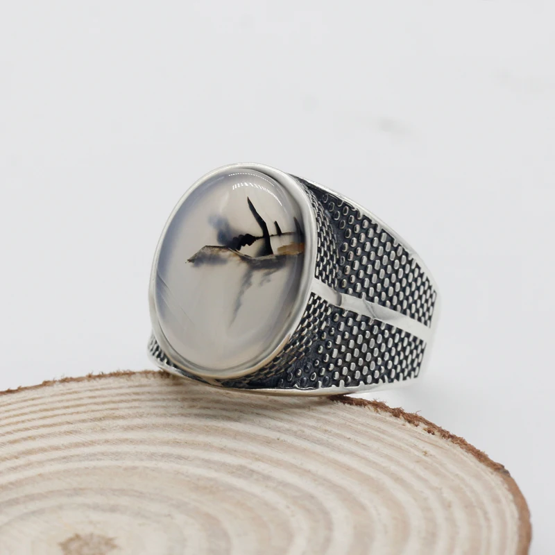 Factory Genuine S925 Thai Silver Natural Agate Stone Ring,Retro Punk Style Oxidized Onxy Silver Fashion Ring for Male