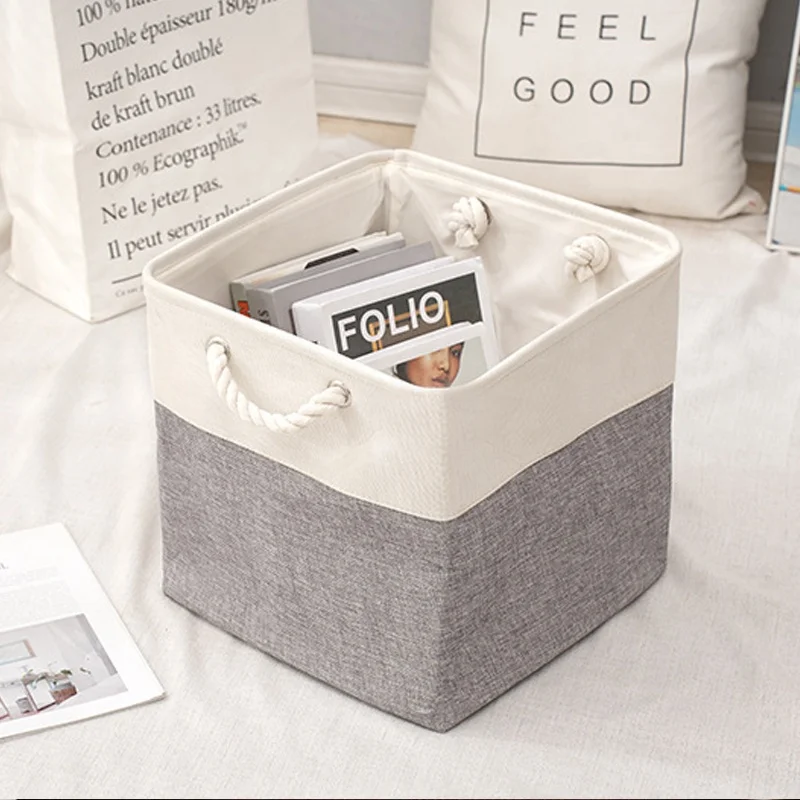 Homeplus New space saving fabric Cube Collapsible Storage Bins Storage Baskets Foldable Box with macrame cord handle for home